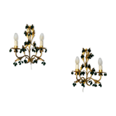 Paire d'appliques métal doré avec gouttes de verre vert, Italie milieu des années 1900 Regency