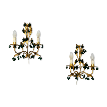 Paire d'appliques métal doré avec gouttes de verre vert, Italie milieu des années 1900 Regency
