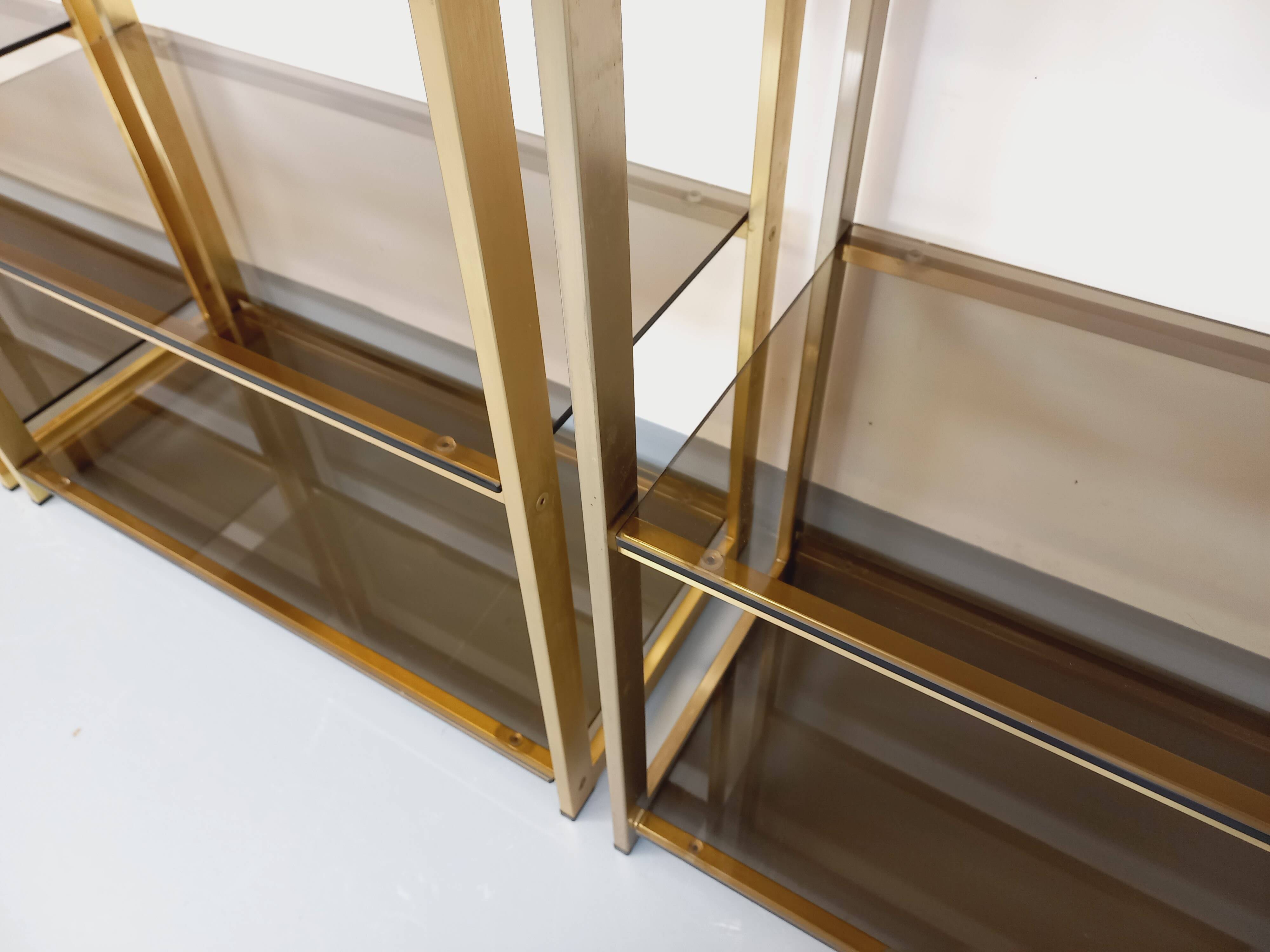 Artelano vintage bookcase shelves in gold metal smoked glass from the 70s
