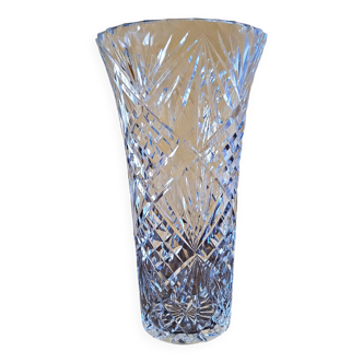 Grand vase cristal ciselé évasé décor géométrique et "fleurs"