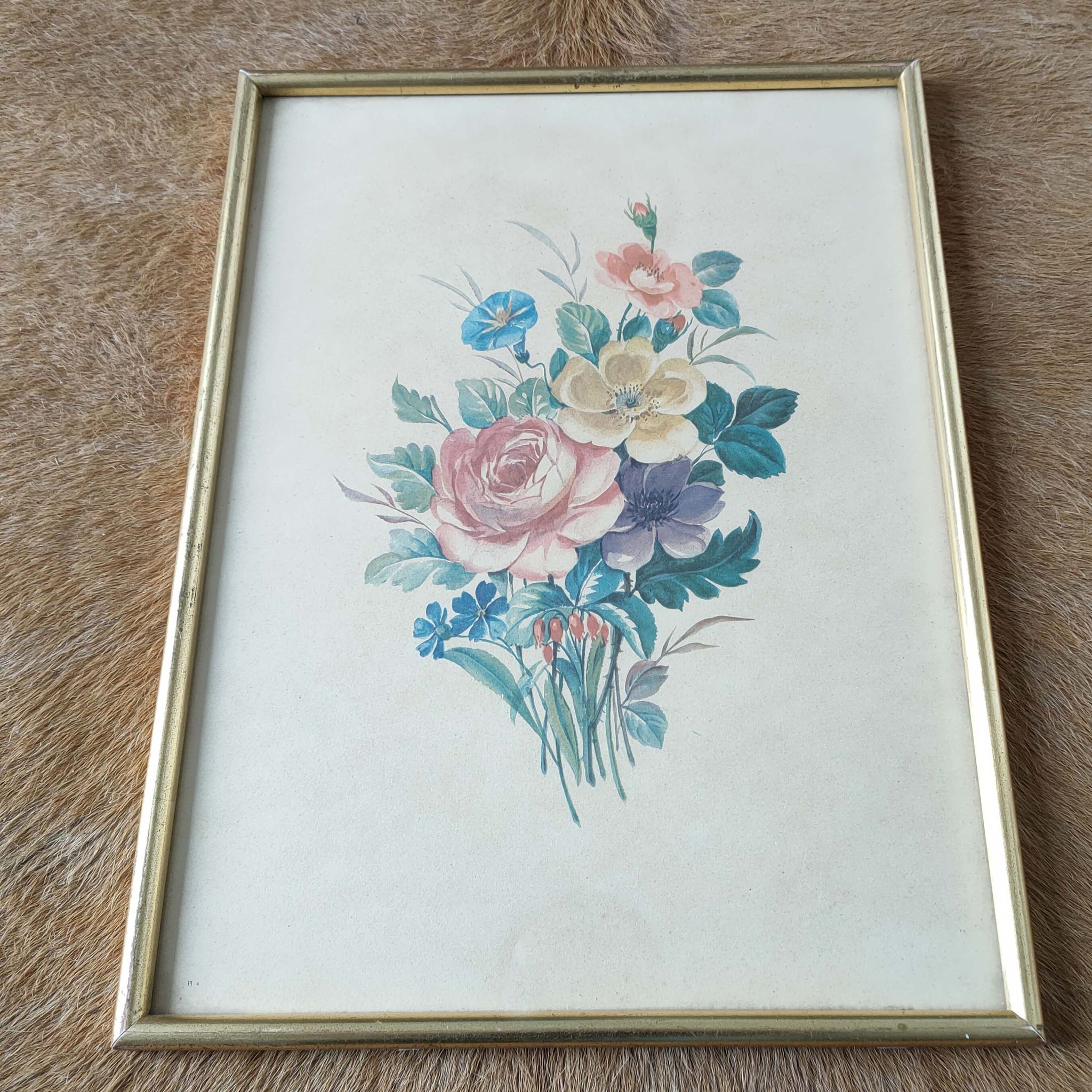 Illustration bouquet fleurs cadre bois doré