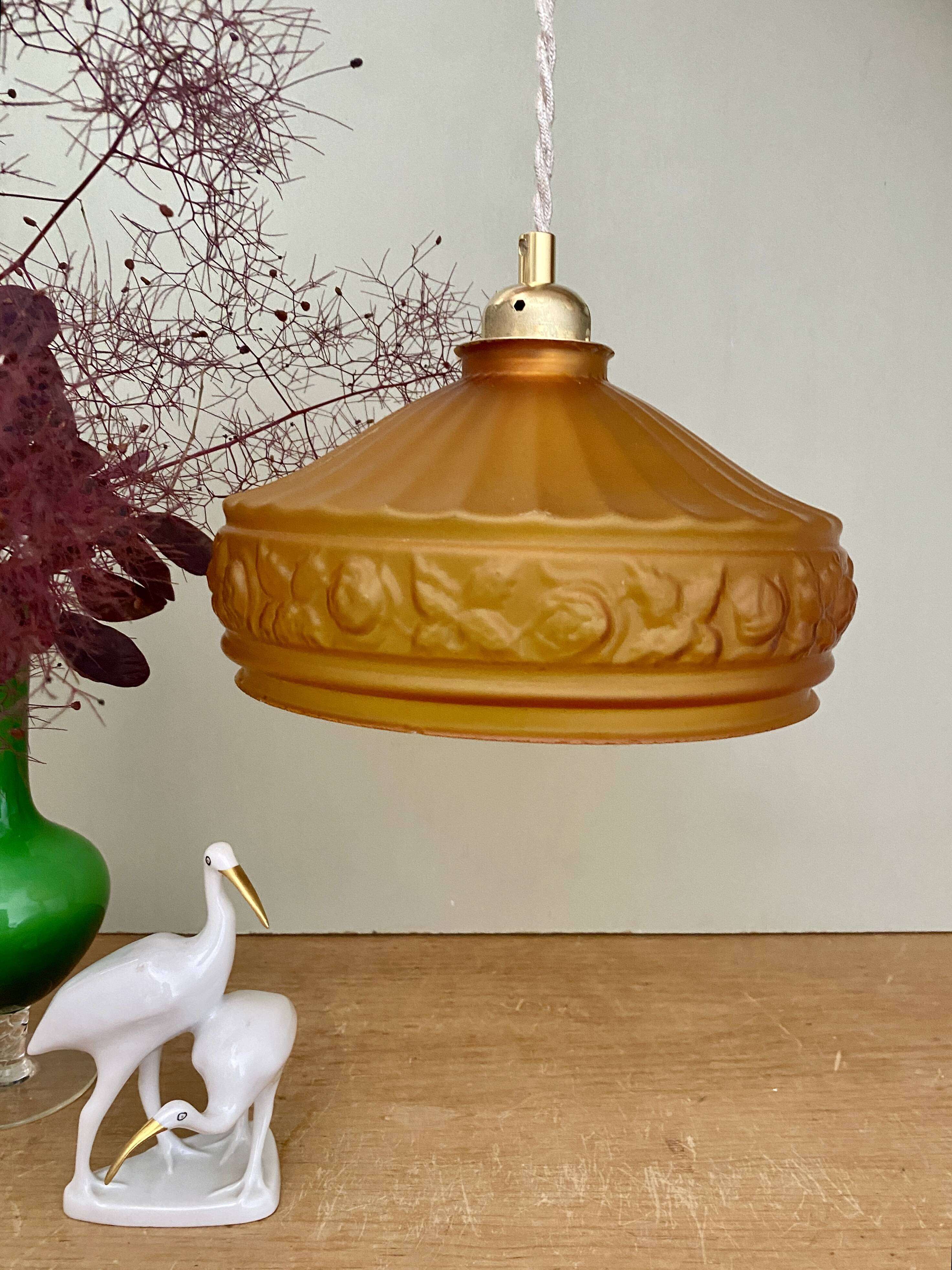 Pendant light with old art deco lampshade in yellow glass