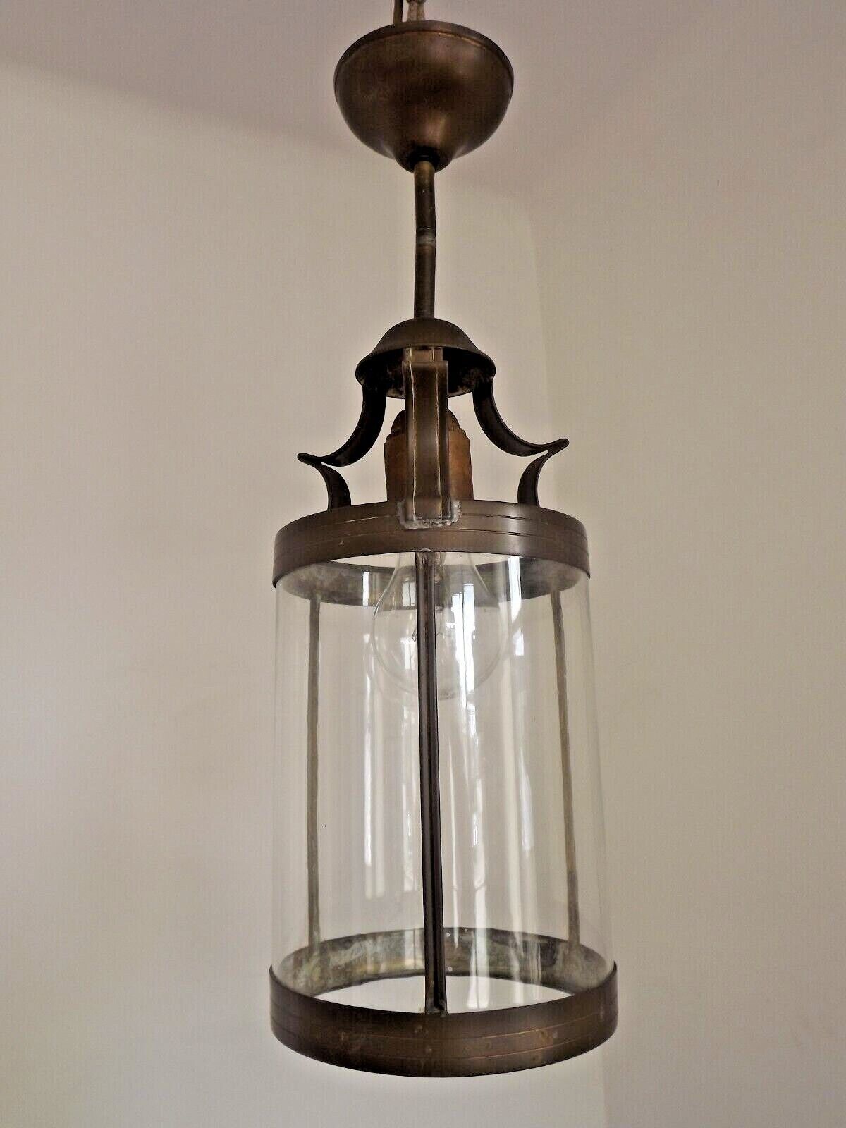 Vintage French Round Hall Lantern In Copper With Cylindrical Glass Shade 3681