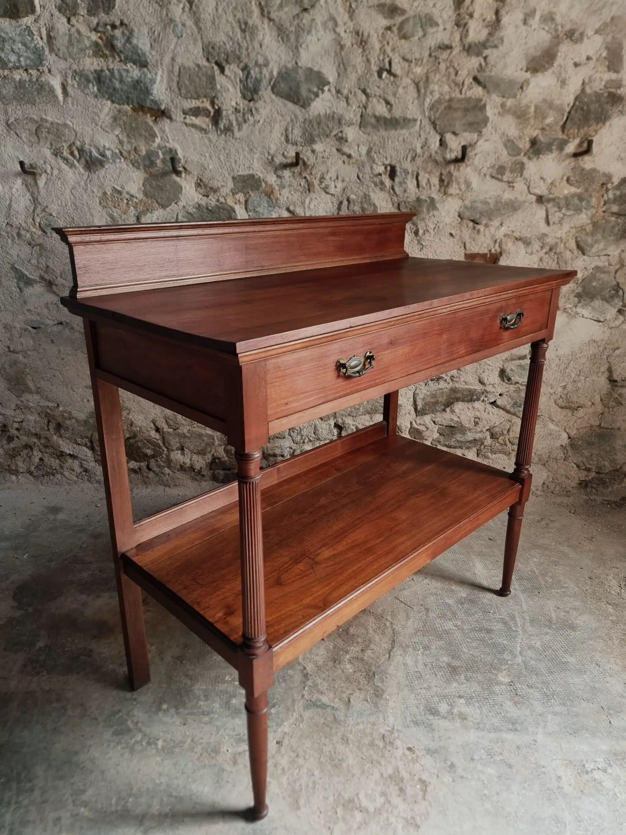 Antique mahogany console with drawer and shelf, French serving table, circa 1900.