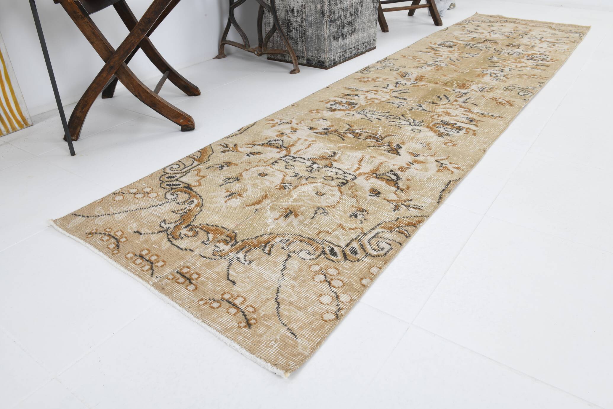 2x10 Beige Brown Floral Turkish Runner Rug, 73x302Cm SK 7009