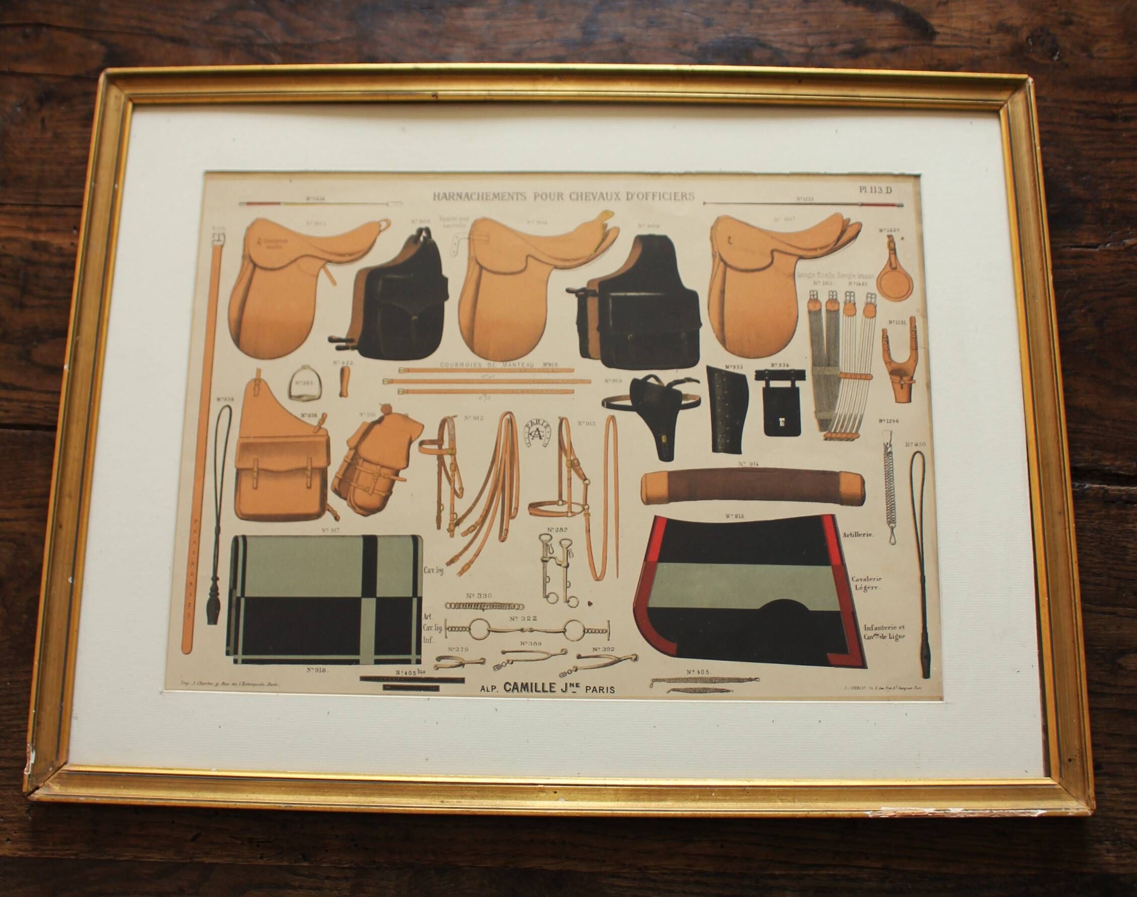 Framed lithograph "horse riding saddlery Alp Camille", late 20th century