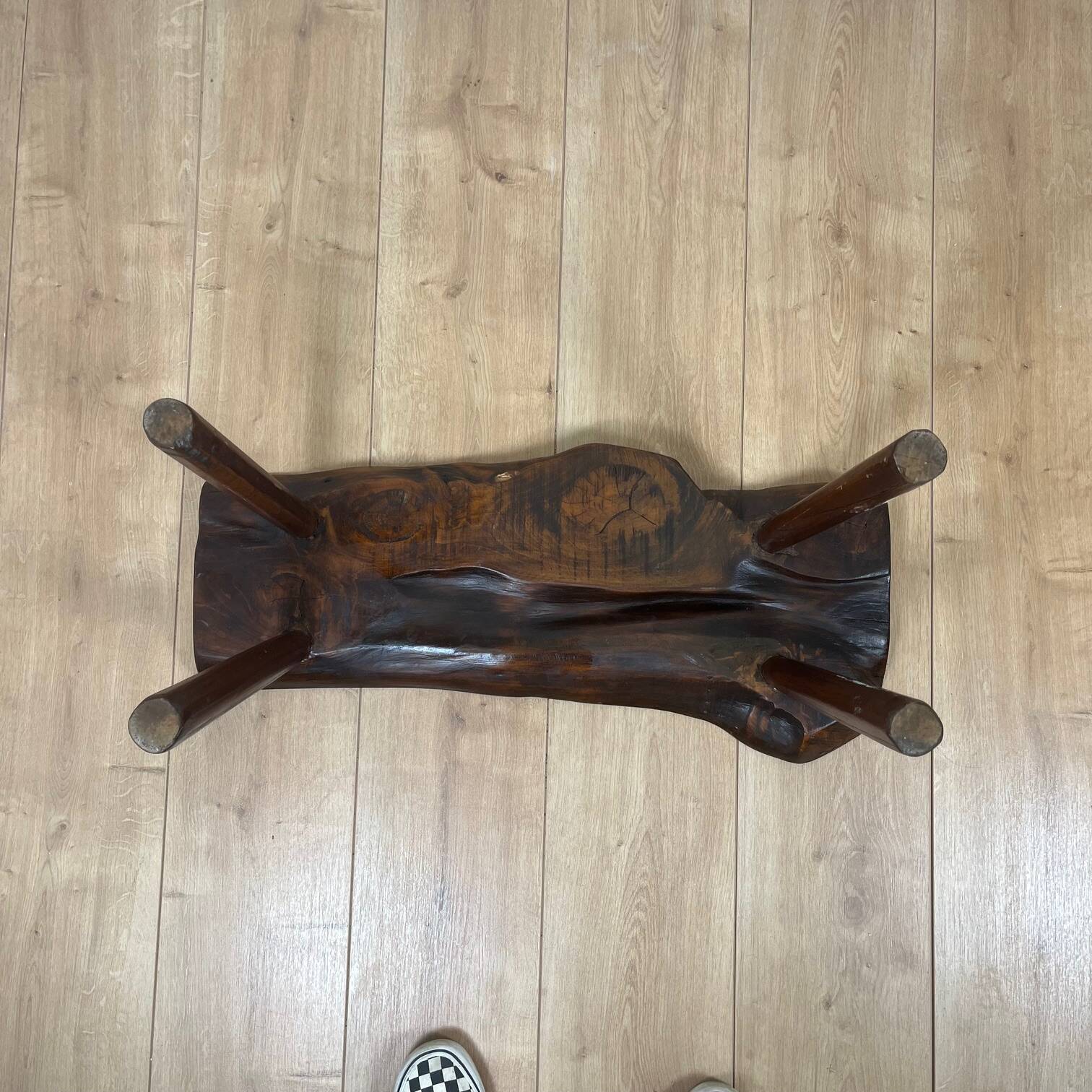 Rustic bench in solid elm, wabi-sabi style, mid-20th century.