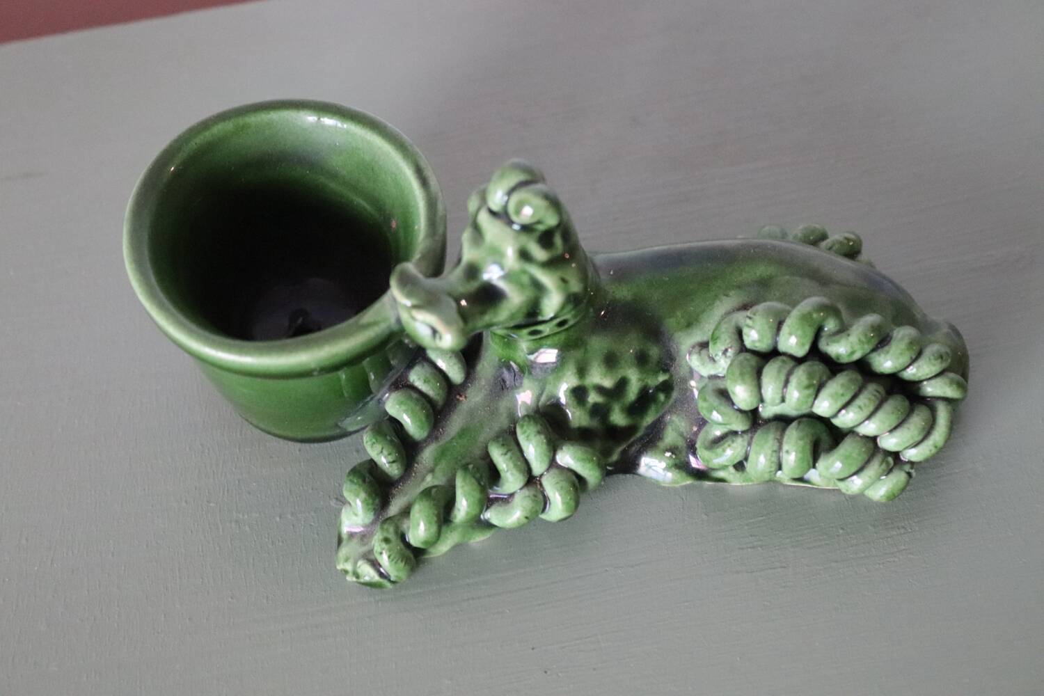 Small vintage green ceramic poodle candlestick