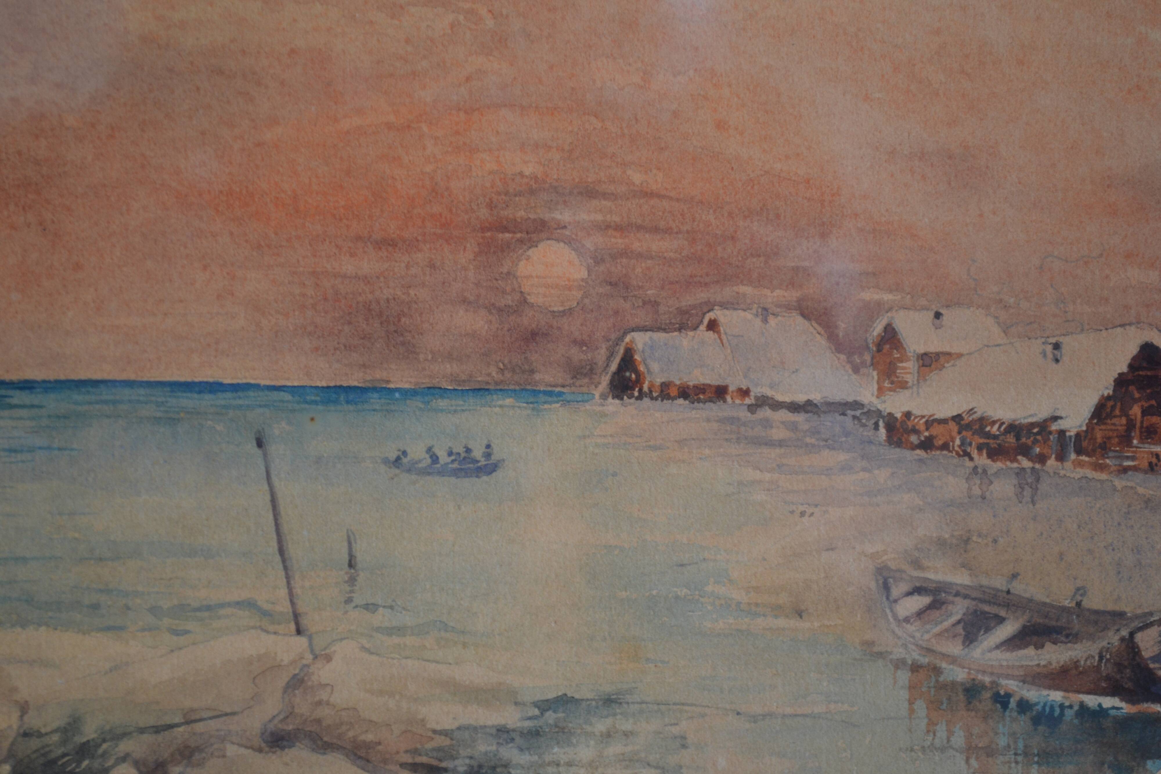 Old watercolor painting of seaside landscape signed H. Jeannolle 19th century