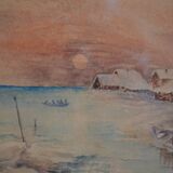 Peinture à l'aquarelle ancienne paysage de bord de mer signé H. Jeannolle XIXe s