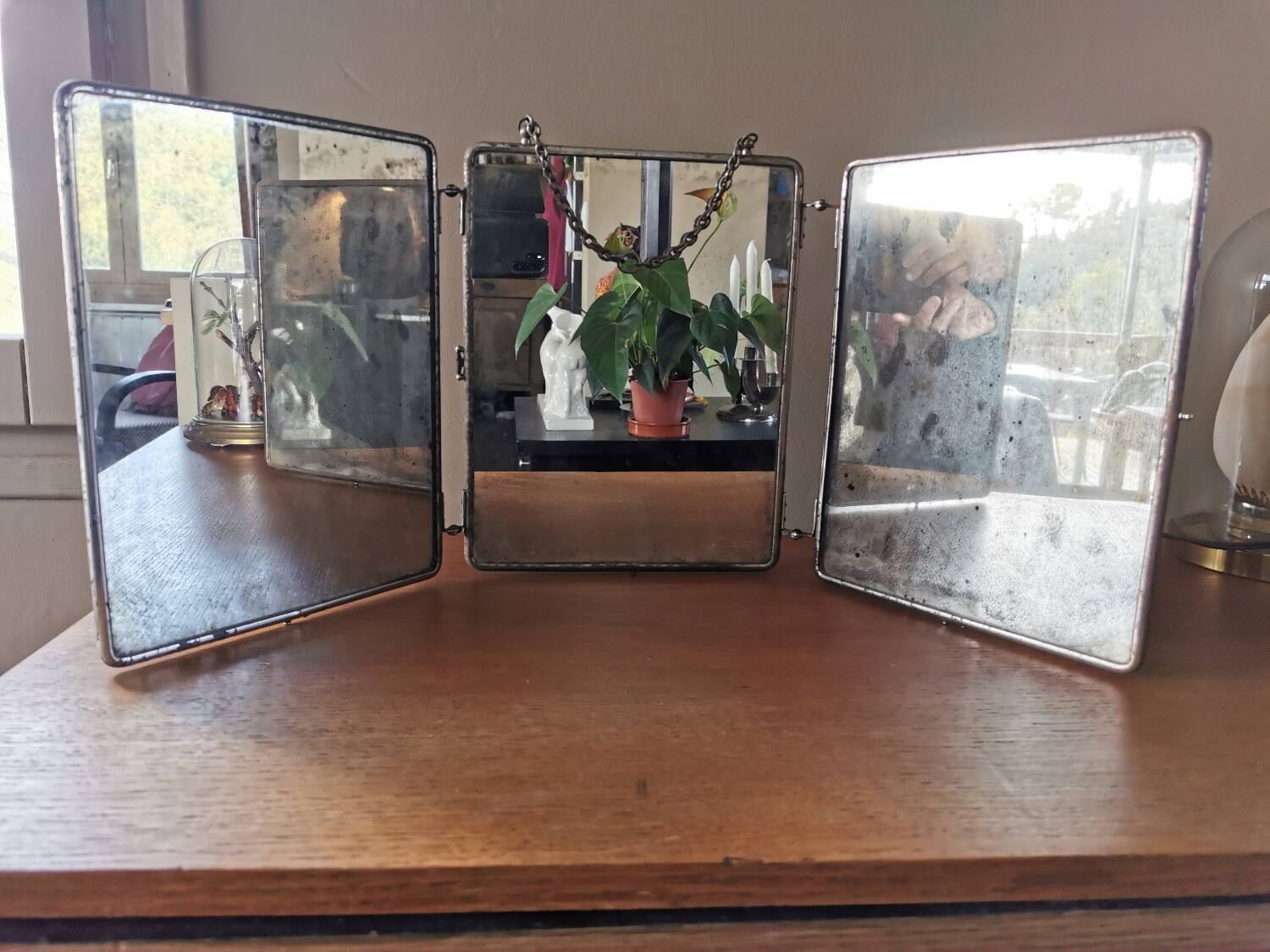 Antique triptych barber mirror