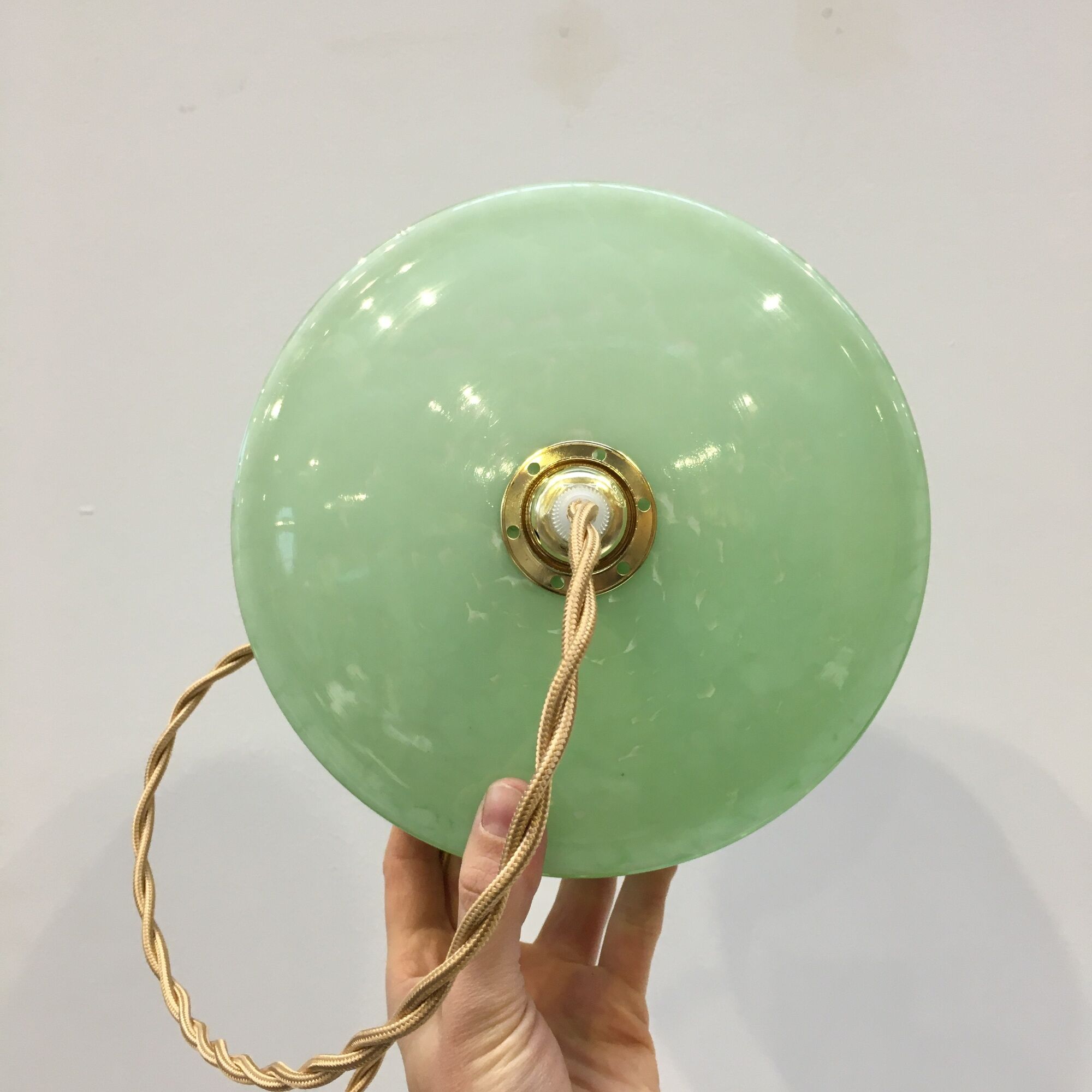 Pair of Art Deco pendant lamps in green Clichy glass
