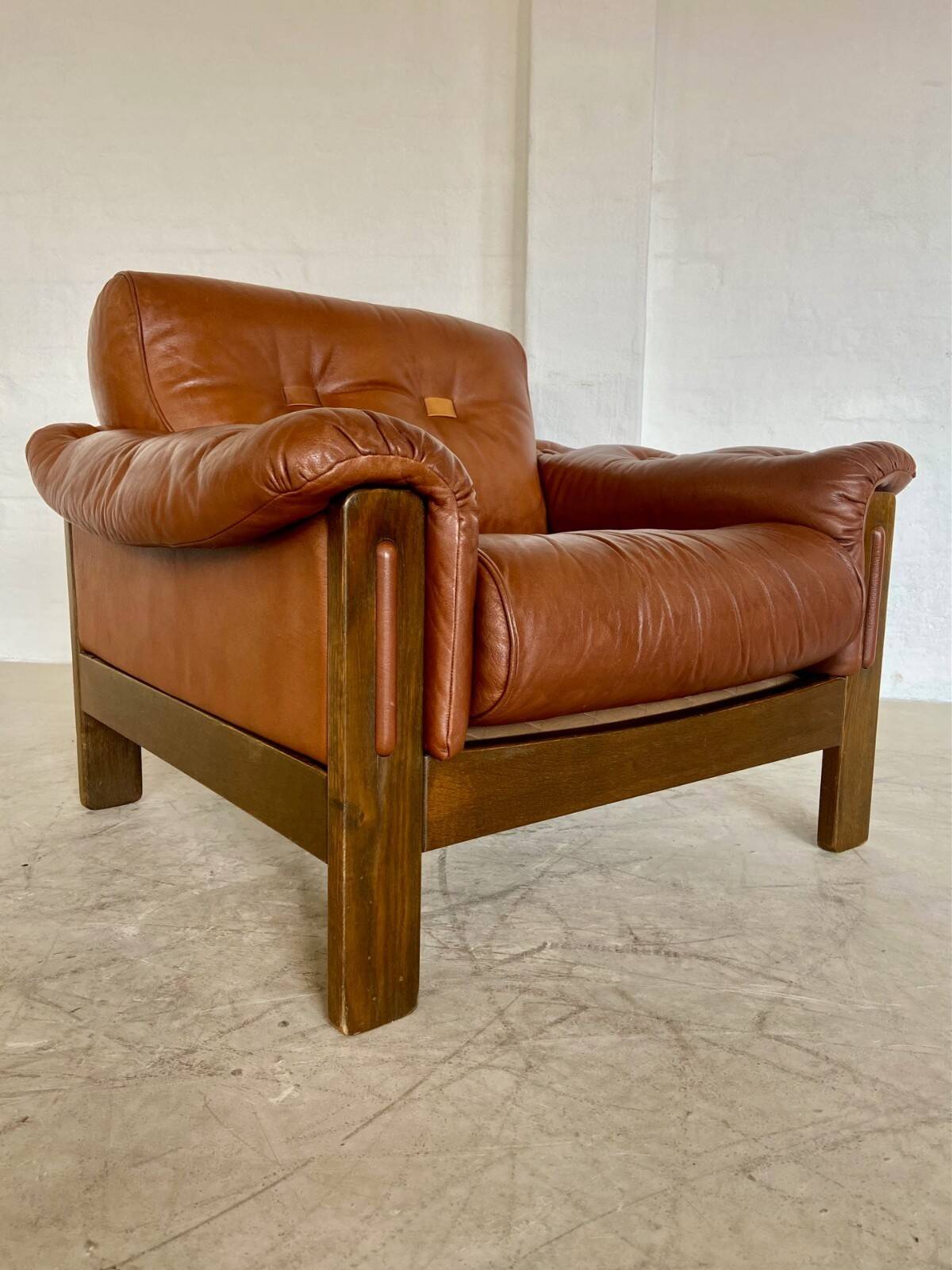 Mid-century vintage Scandinavian leather lounge chair in cognac brown leather
