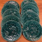 Set of 10 green earthenware dessert plates with a finely embossed floral pattern