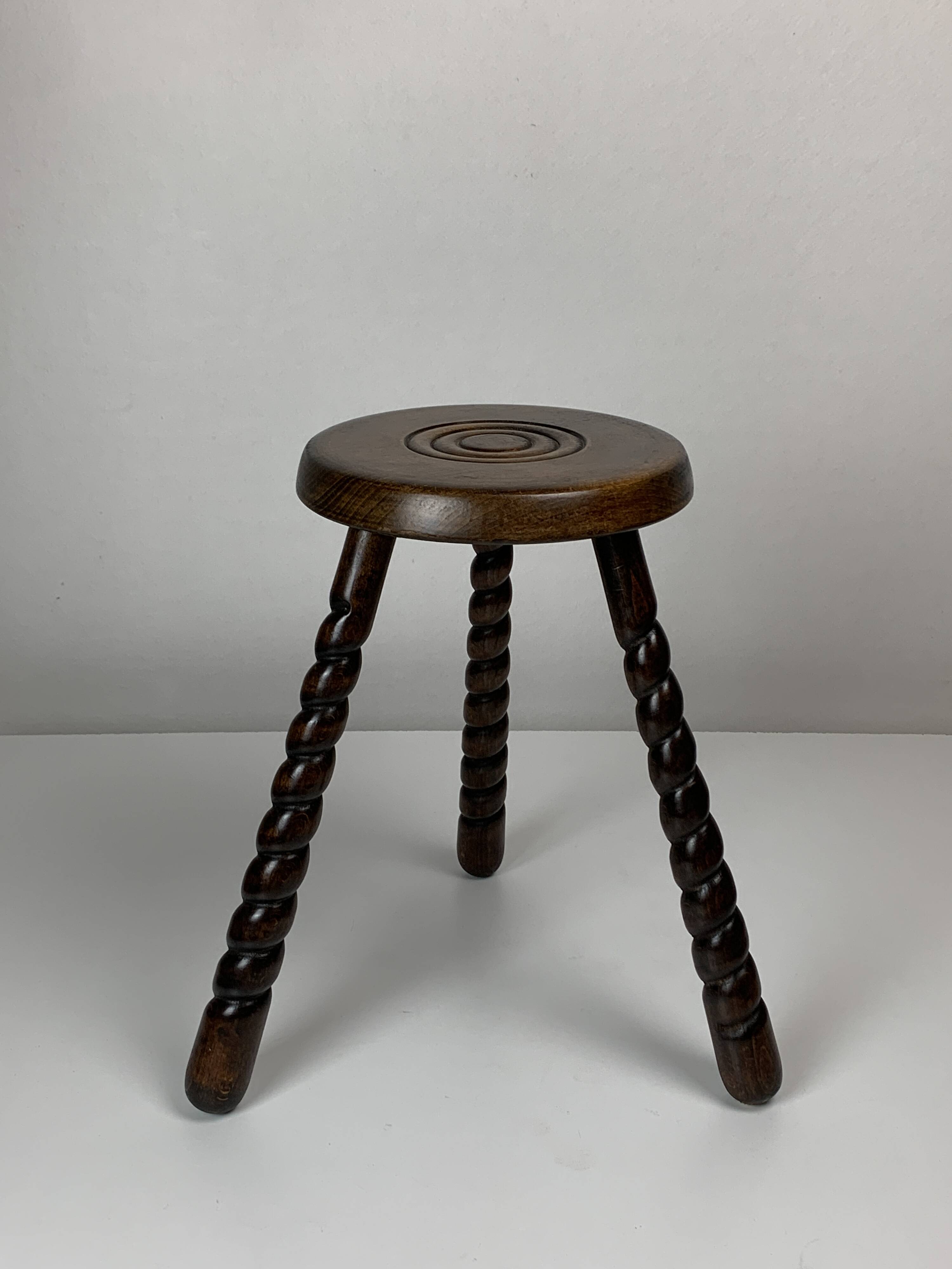 Pair of 2 midcentury brutalist modernist wood turned stools, ca 1950s