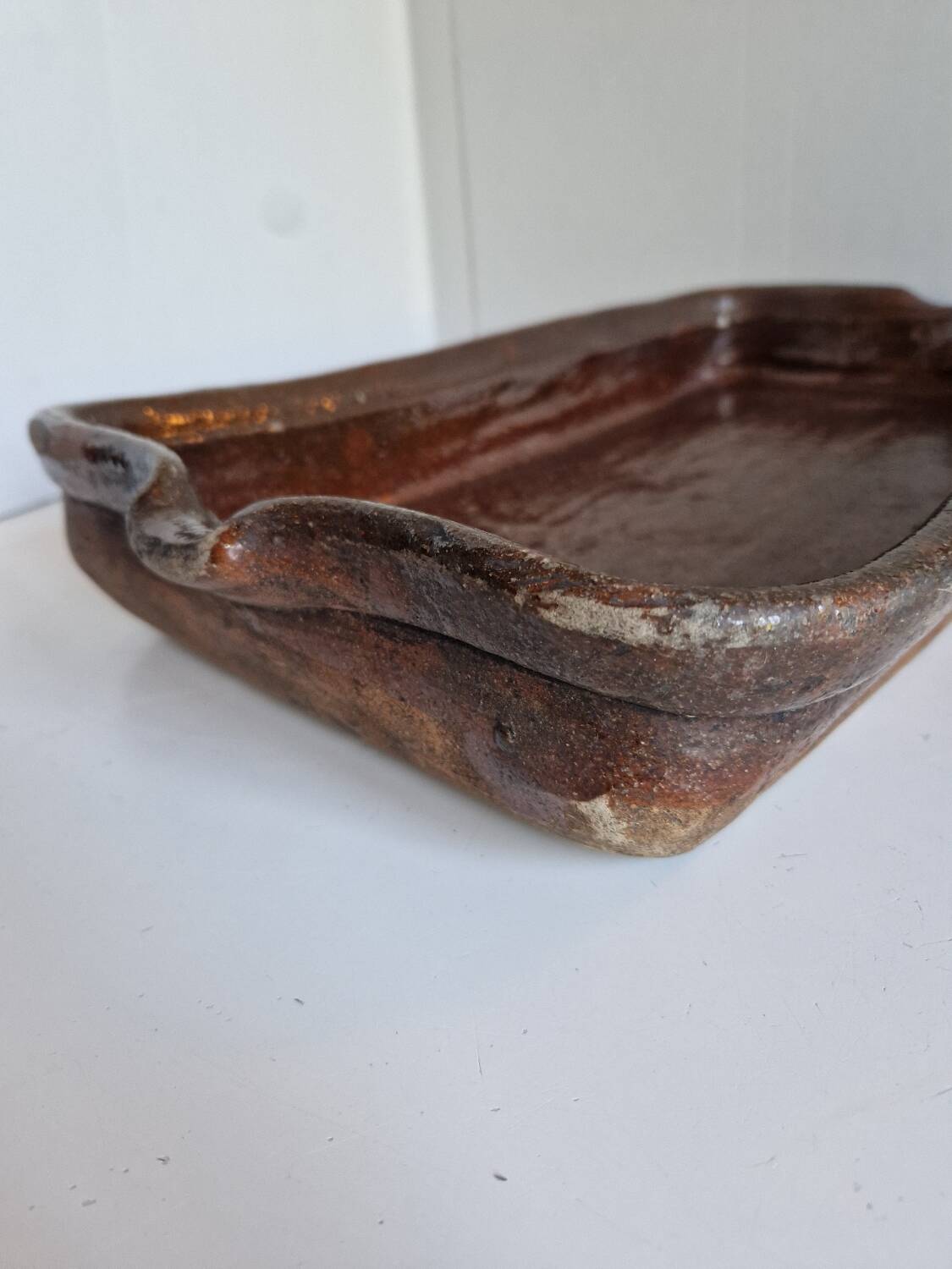 Ancien Plat À Jus Lechefrite 19e Terre Cuite Vernissée Art Populaire