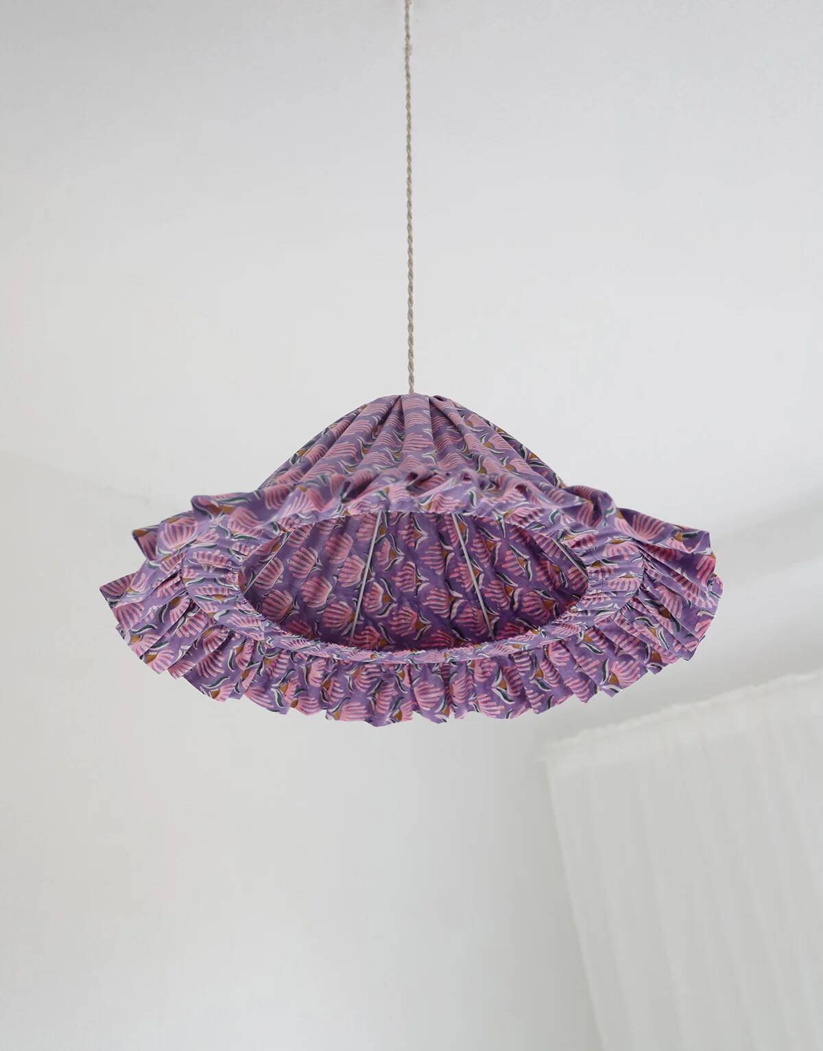 Emilia "purple shell flowers" conical textile suspension with flounce