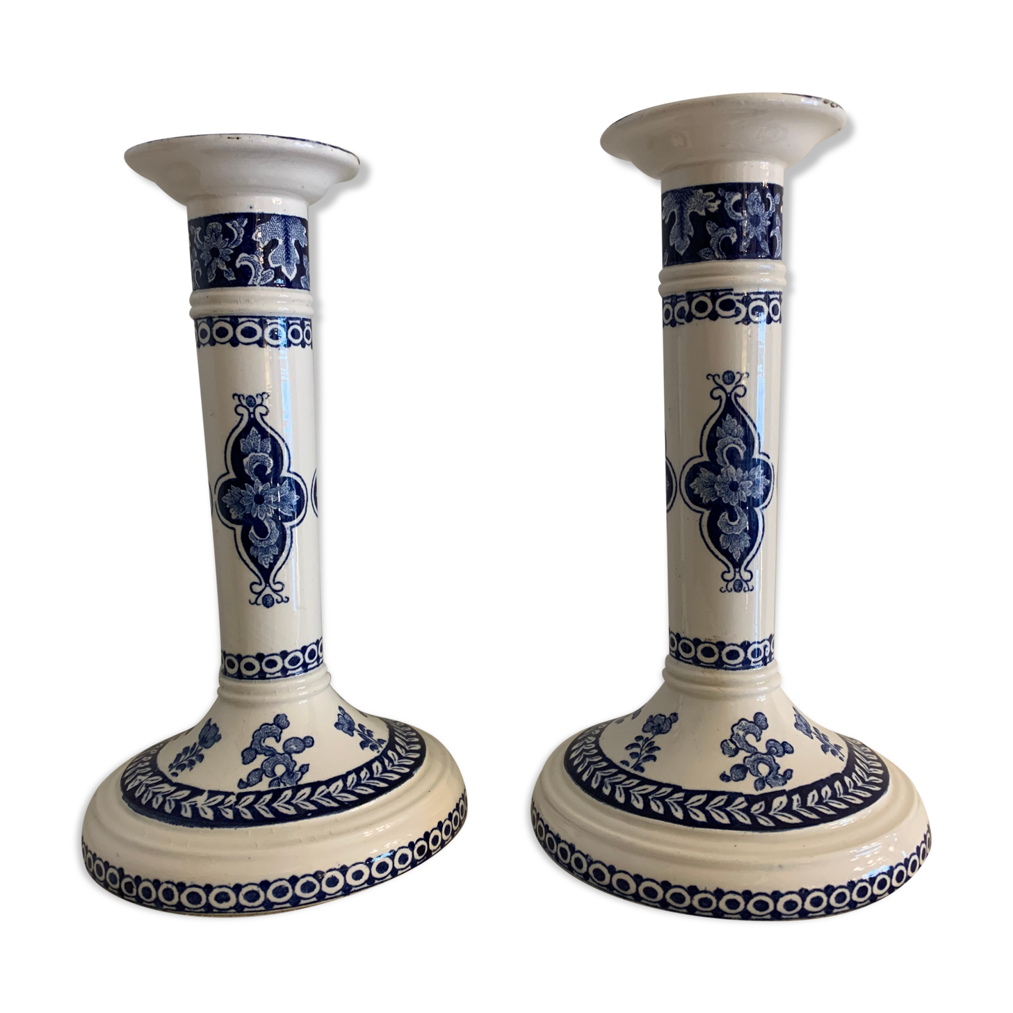 Pair of old candlesticks in blue and white earthenware Gien 1950