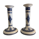 Pair of old candlesticks in blue and white earthenware Gien 1950