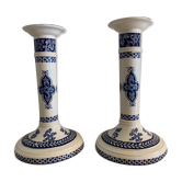 Pair of old candlesticks in blue and white earthenware Gien 1950