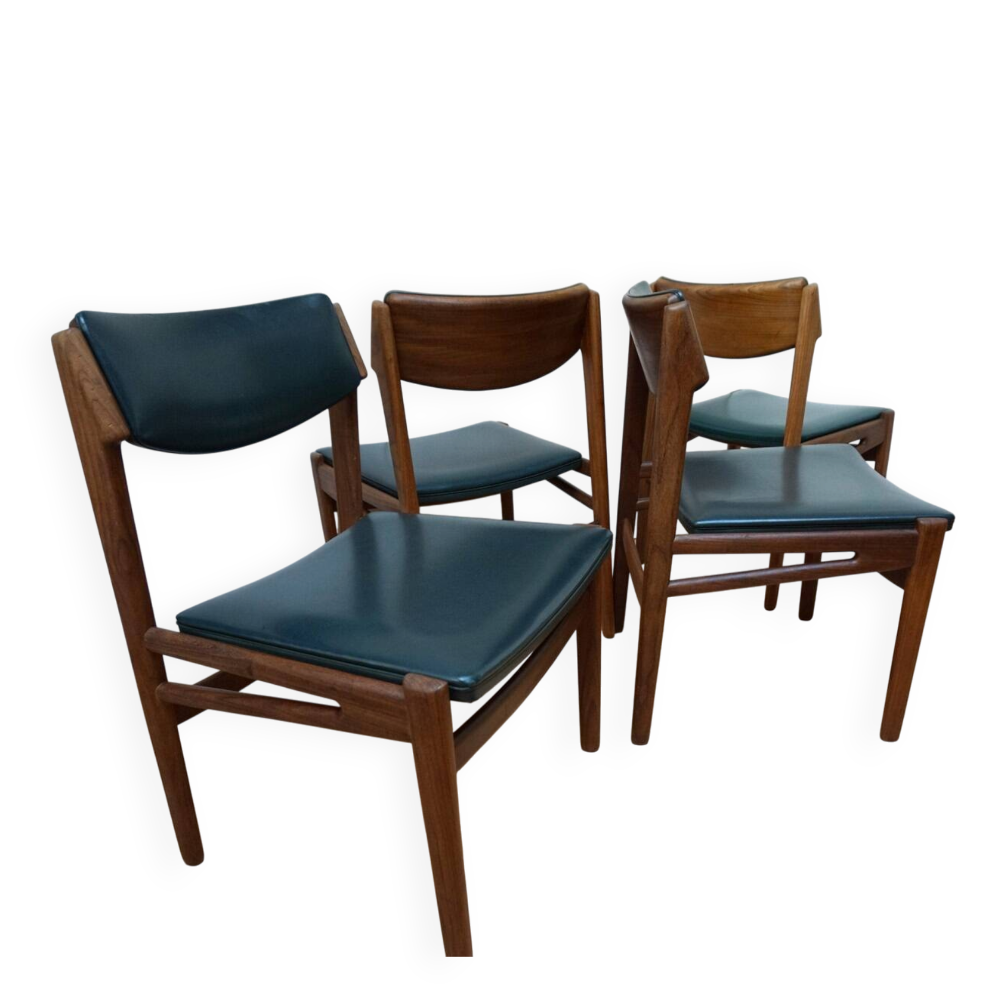 Set of 4 Scandinavian Teak and Green Leatherette Dining Chairs