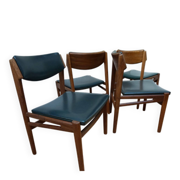 Set of 4 Scandinavian Teak and Green Leatherette Dining Chairs