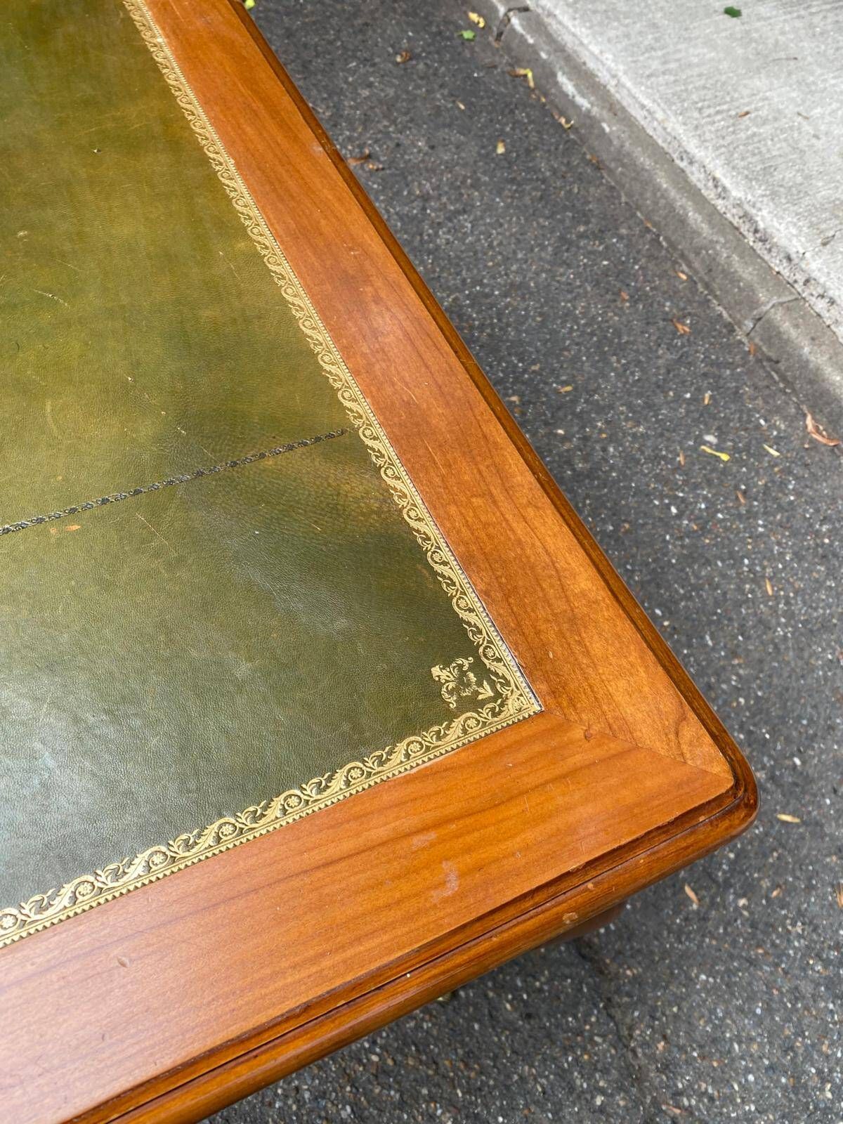 Louis XV style flat desk in solid cherry wood with pull-out extensions and leather top 19