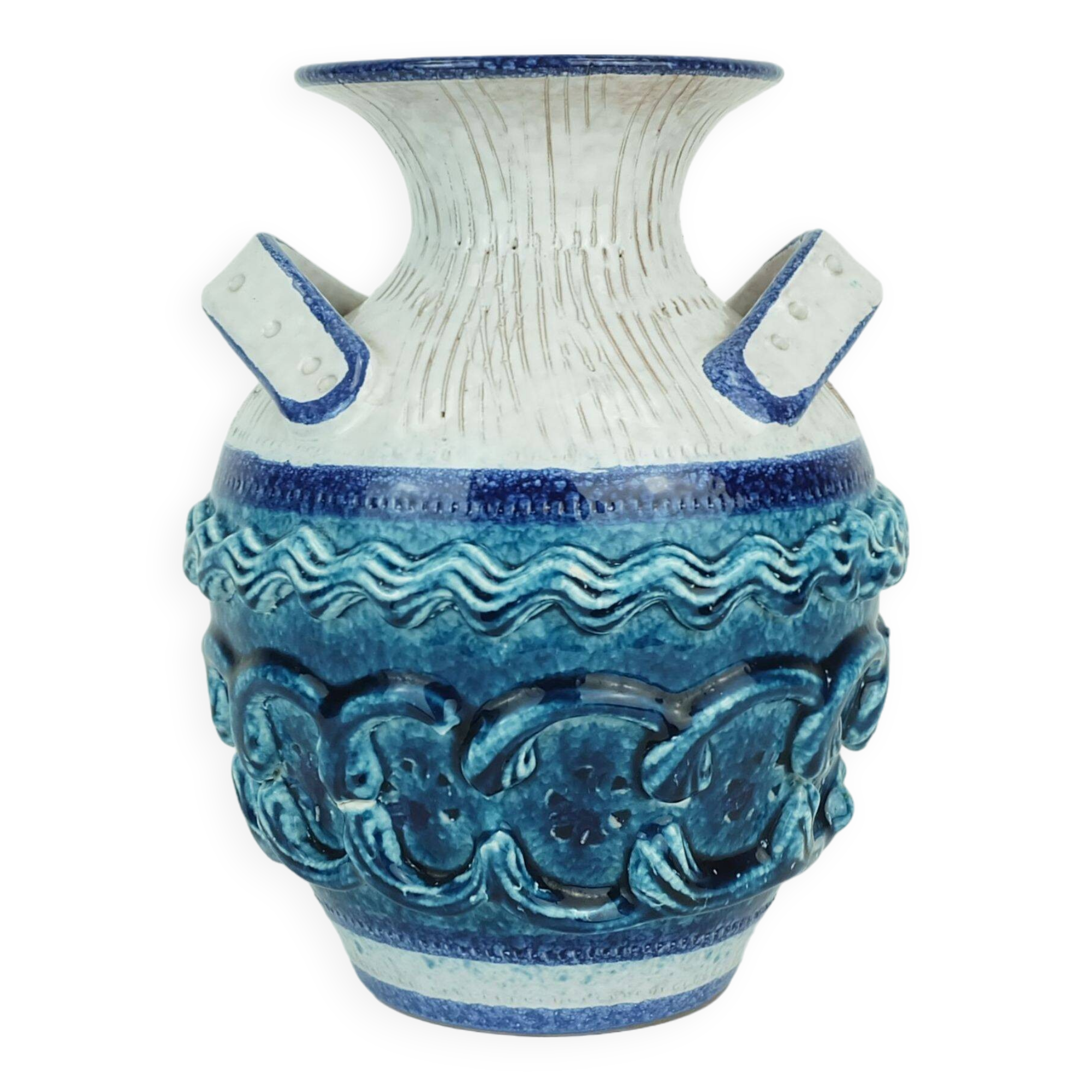 italian mid century VASE nuovo rinascimento relief decor white blue turquoise