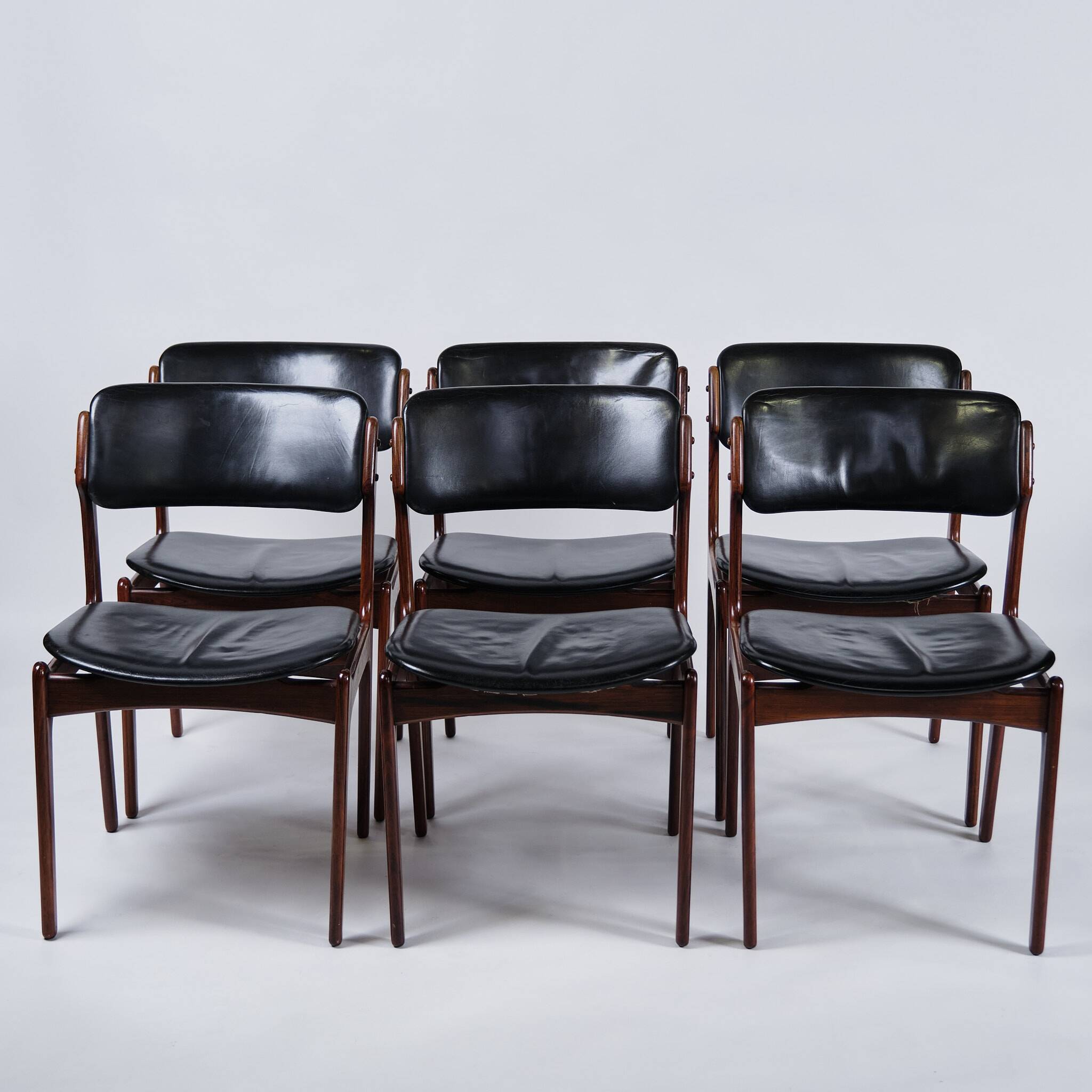 Set of six dining chairs – Erik Buch – Model OD 49 – Rosewood and black leather – O.D. Furniture – 1950s