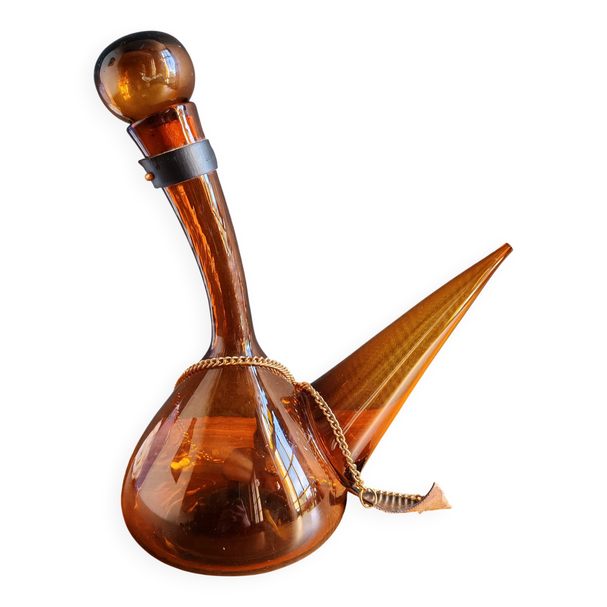 Vintage Amber Glass Wine Carafe - Artisan Decanter in Porron Style