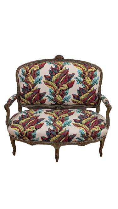Directoire style sofa, carved wood & floral fabric, perfect condition