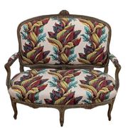 Directoire style canapé with carved wood & floral fabric in perfect condition.