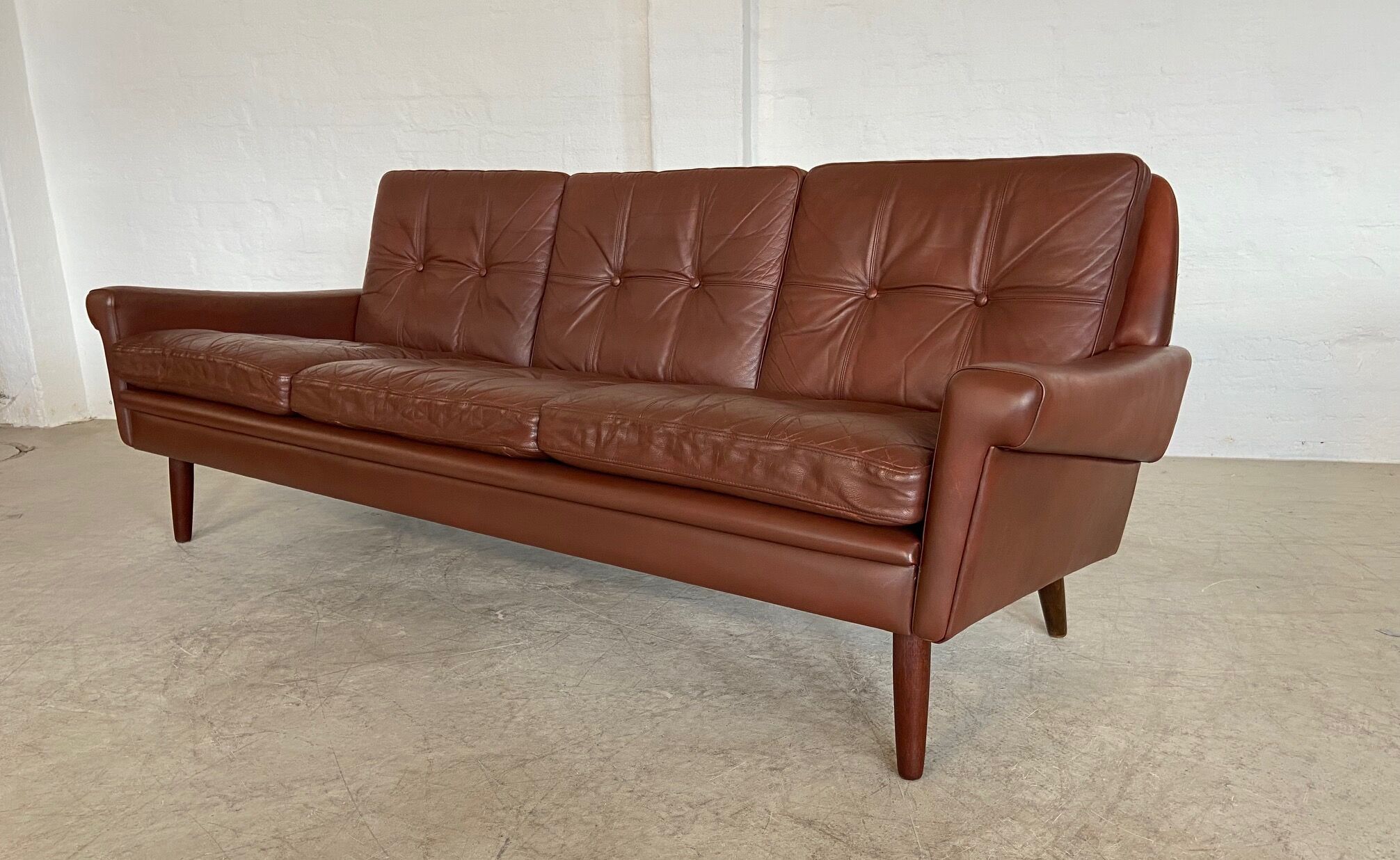 Danish mid-century Svend Skipper cognac 3 person sofa & lounge chair 1960s