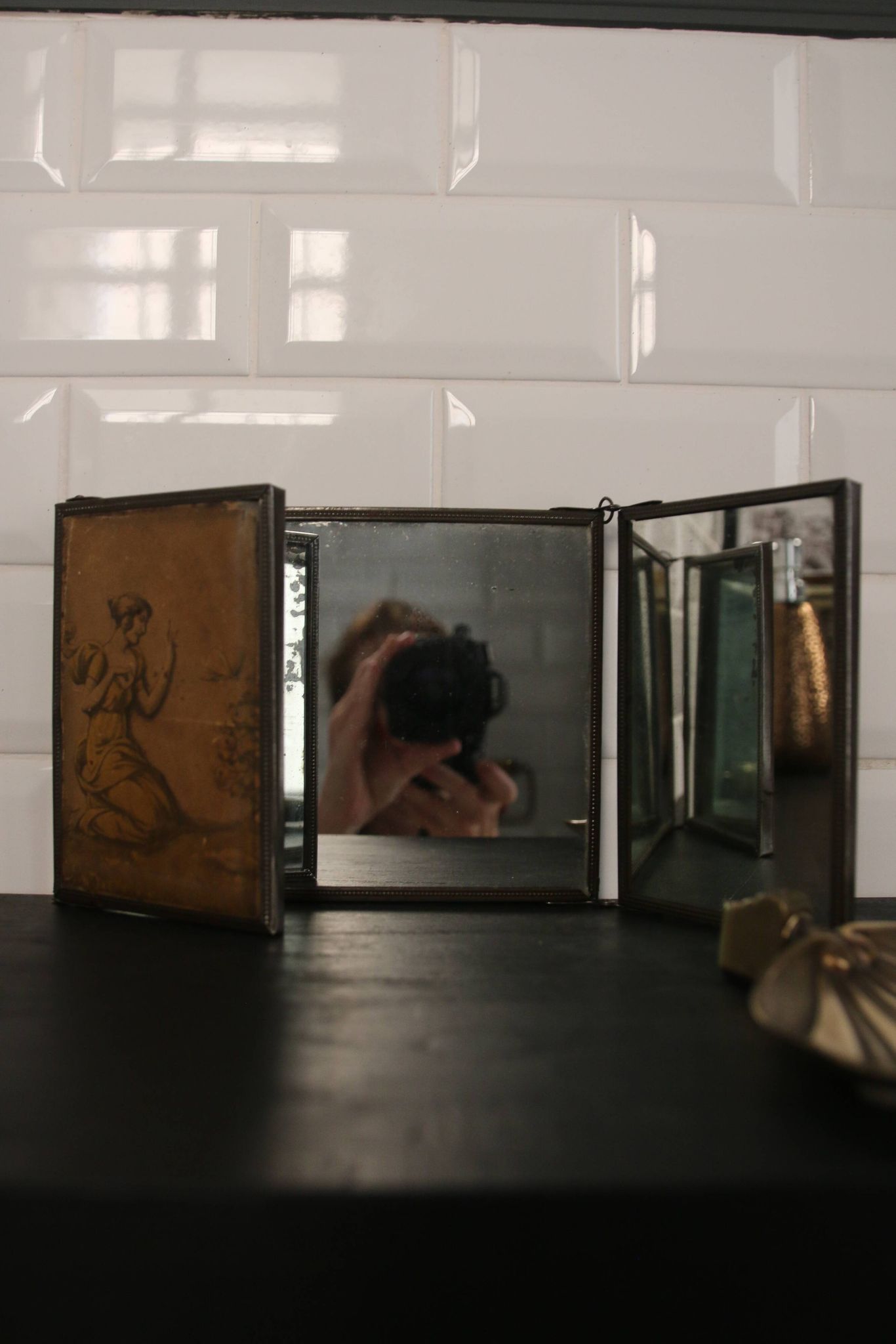 Antique barber triptych mirror, Art Nouveau, circa 1900