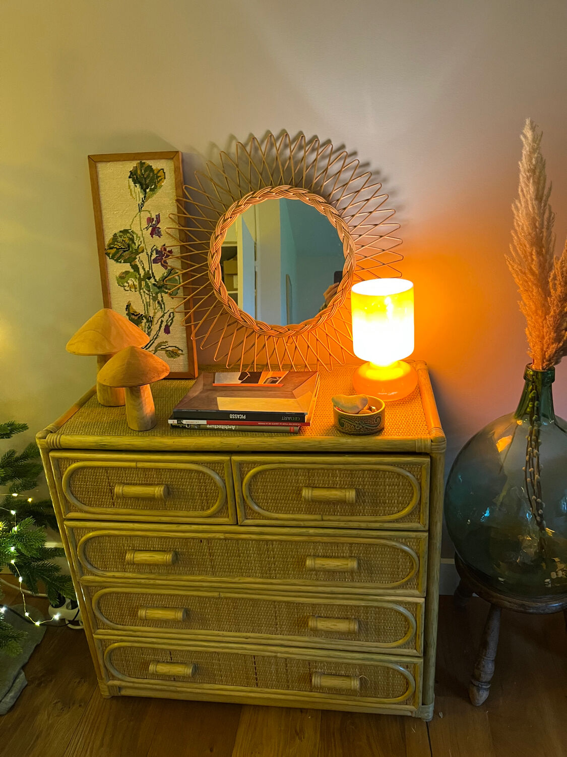 Round wicker mirror from the 1960s.