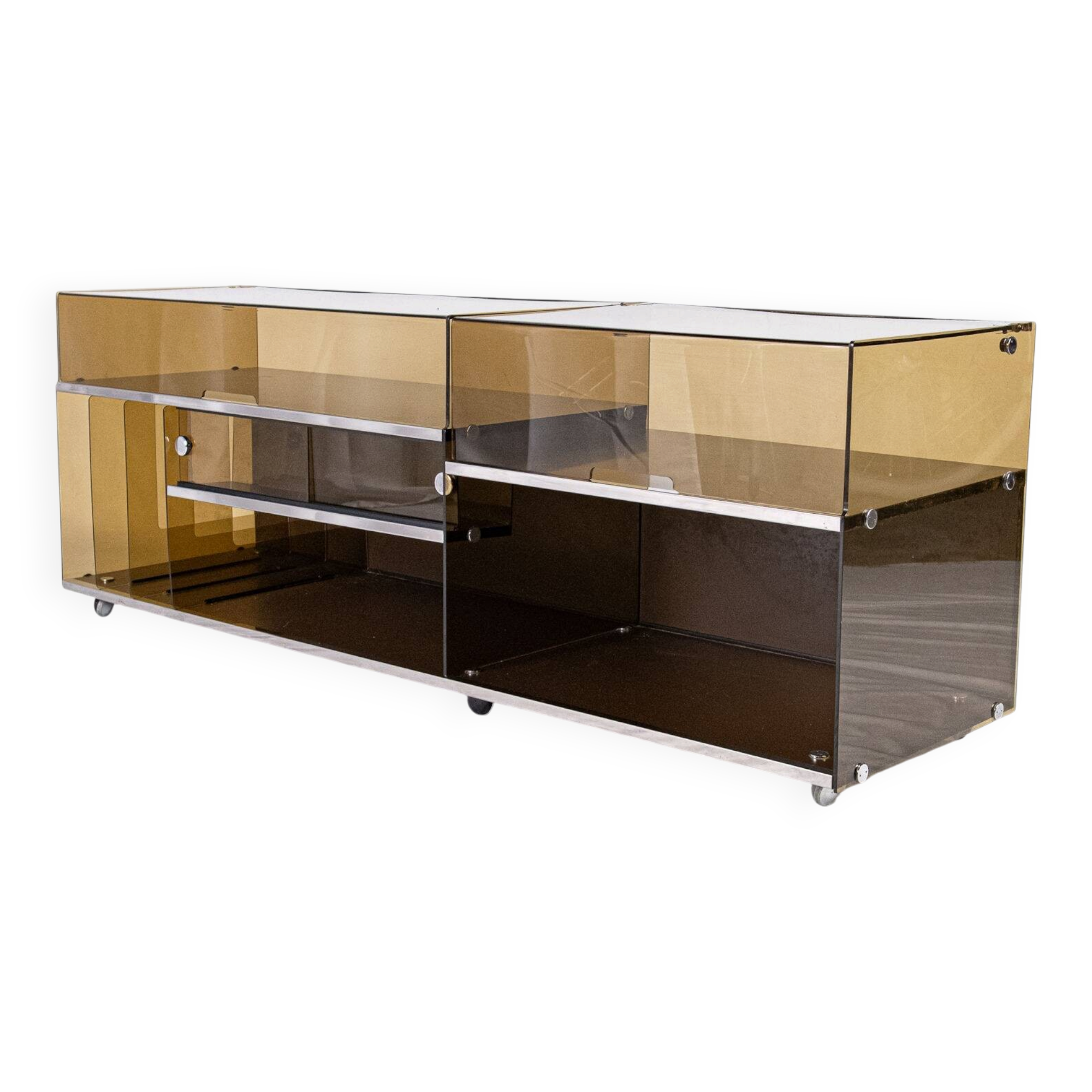 Enfilade or hi-fi unit in smoked plexiglass, France, 1970s