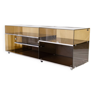Enfilade or hi-fi unit in smoked plexiglass, France, 1970s