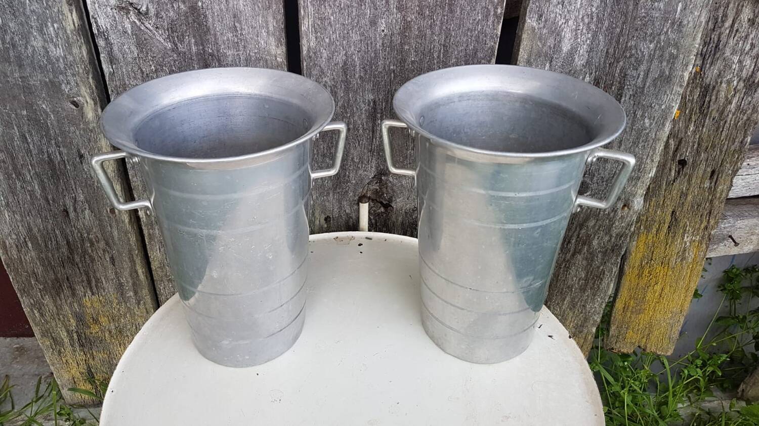 Old pair of aluminum champagne buckets vintage kitchen utensil #a682