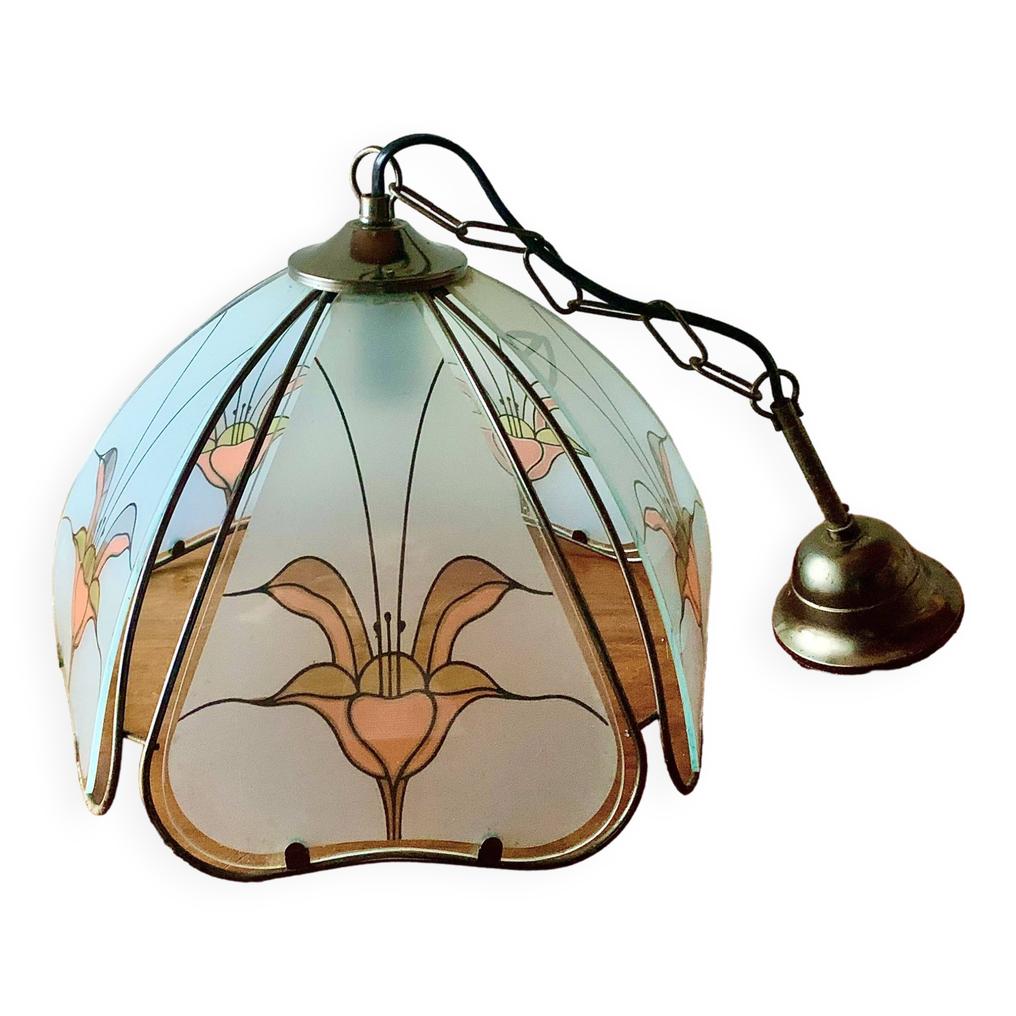 Vintage Hollywood Regency style metal and sandblasted glass chandelier