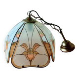 Vintage Hollywood Regency style metal and sandblasted glass chandelier