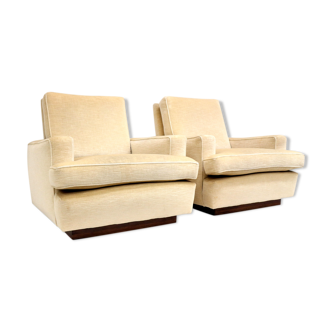 Set of 2 vintage armchairs with cream velvet upholstery made in the 1970s