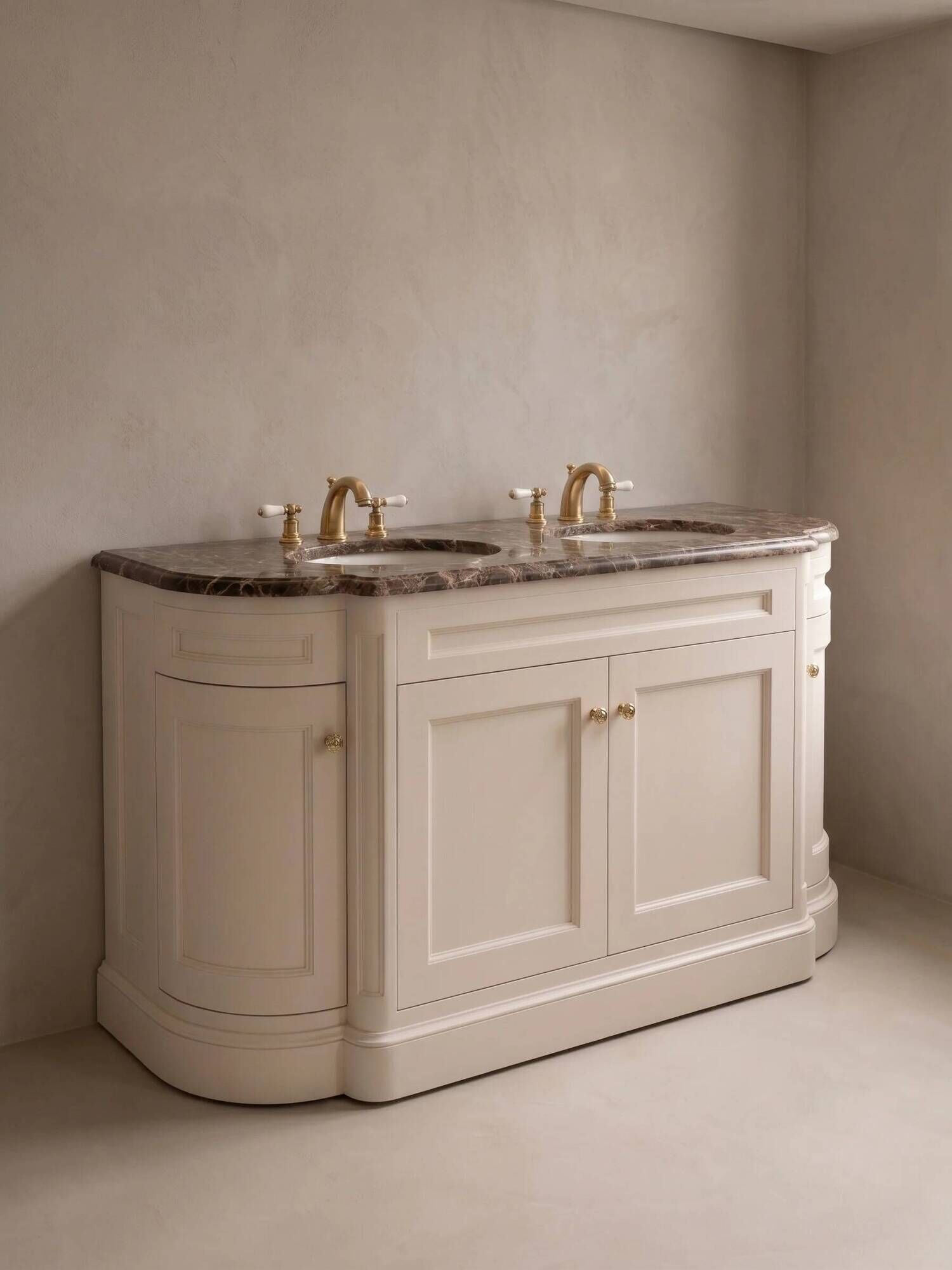 Classic double bathroom cabinet with marble top and gold fittings