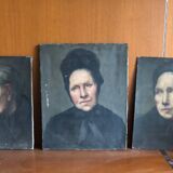 Triptyque portraits a l’huile anciens, femmes XIXe