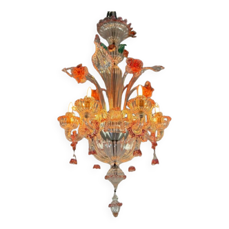 Venetian Chandelier In Colorless And Red Murano Glass 6 Arms Of Light Circa 1940
