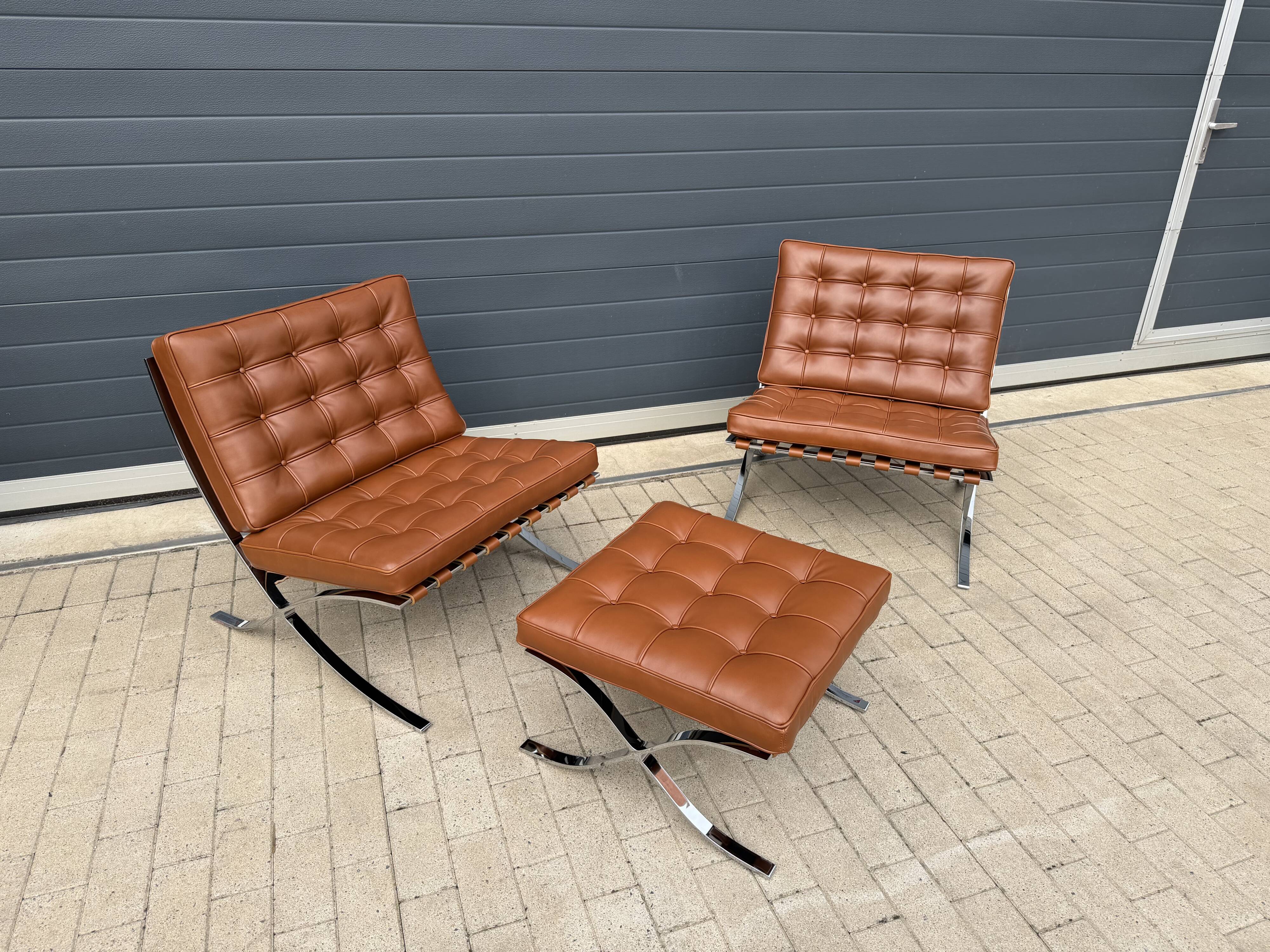 2x brand new original knoll barcelona relax + ottoman, venezia cognac leather