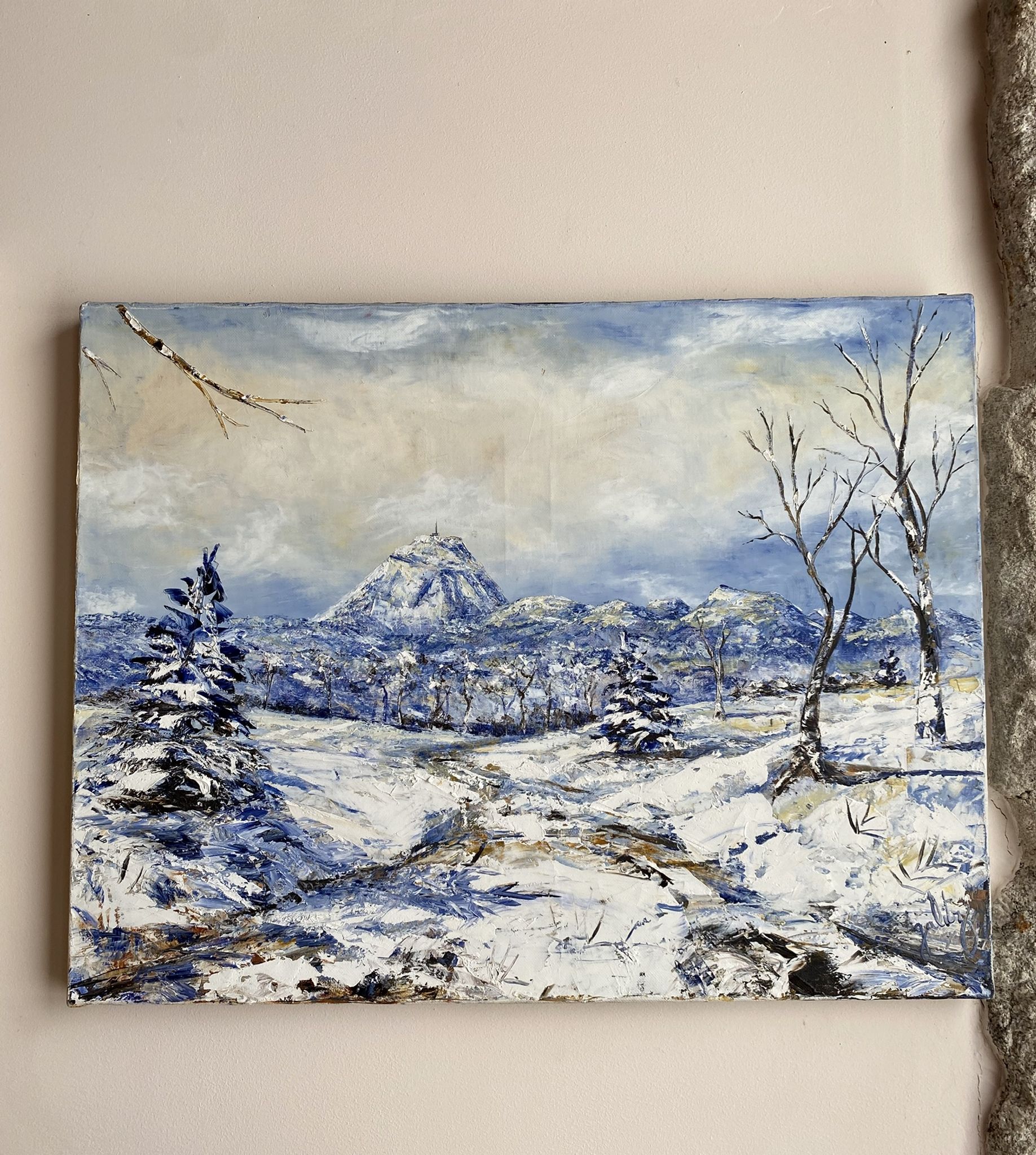 Ancient painting, winter landscape in Auvergne, signed, 20th century