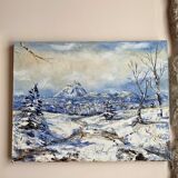 Ancient painting, winter landscape in Auvergne, signed, 20th century
