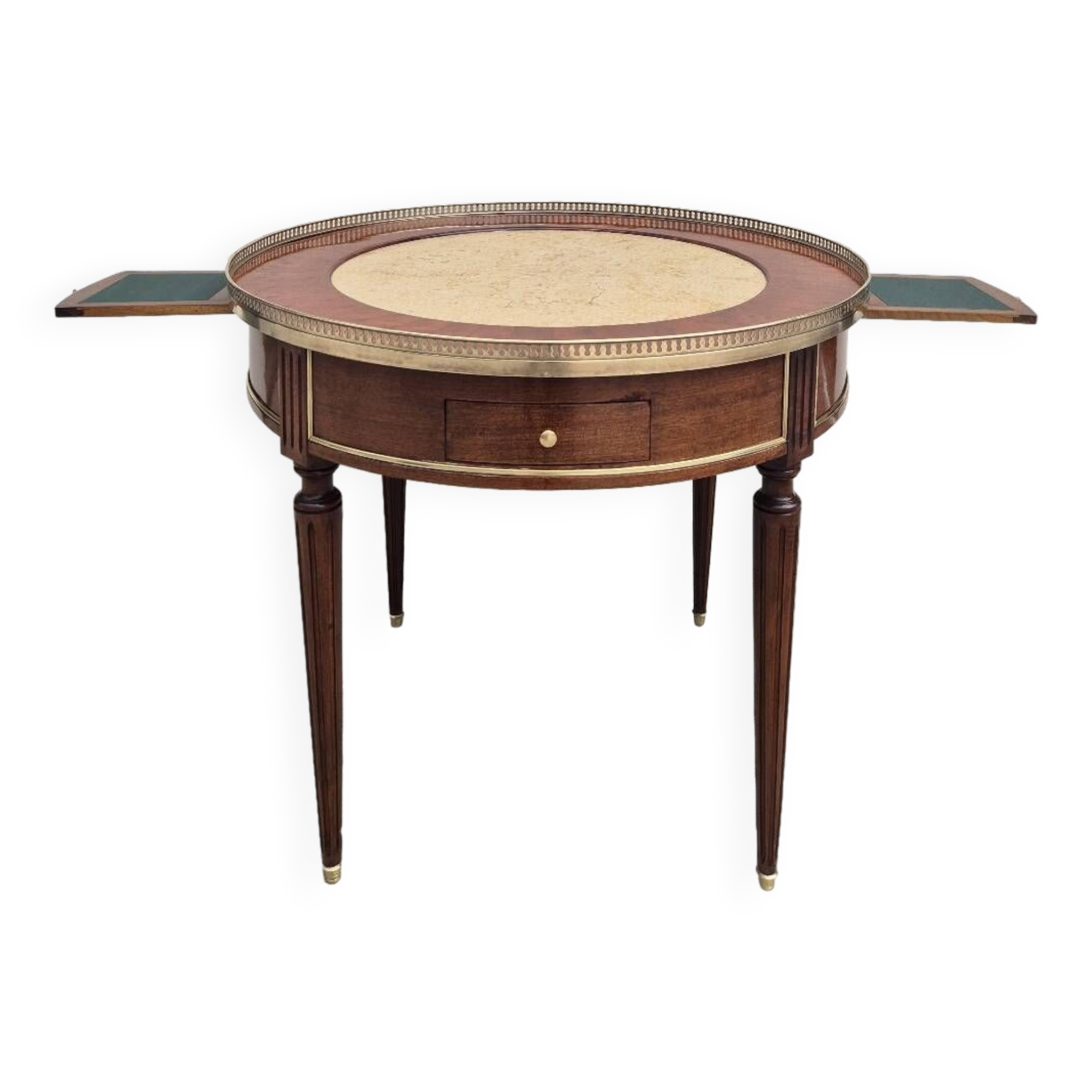 Louis XVI style mahogany bouillotte table in marquetry and bronze