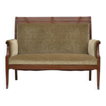 Canapé danois à dossier haut pour 2 personnes des années 1950, en velours de mobilier, bois de teck laqué.