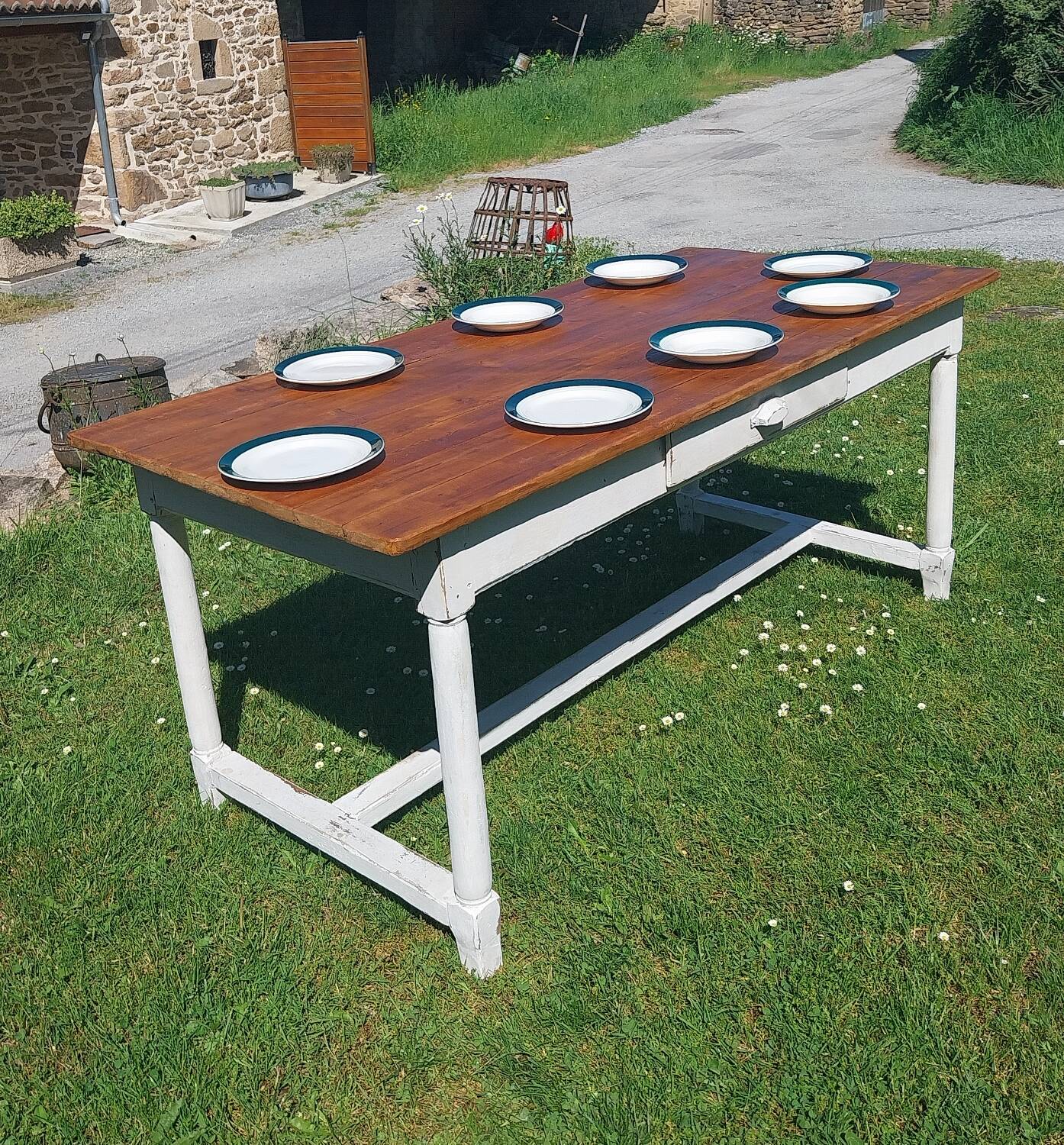 Wooden farmhouse table